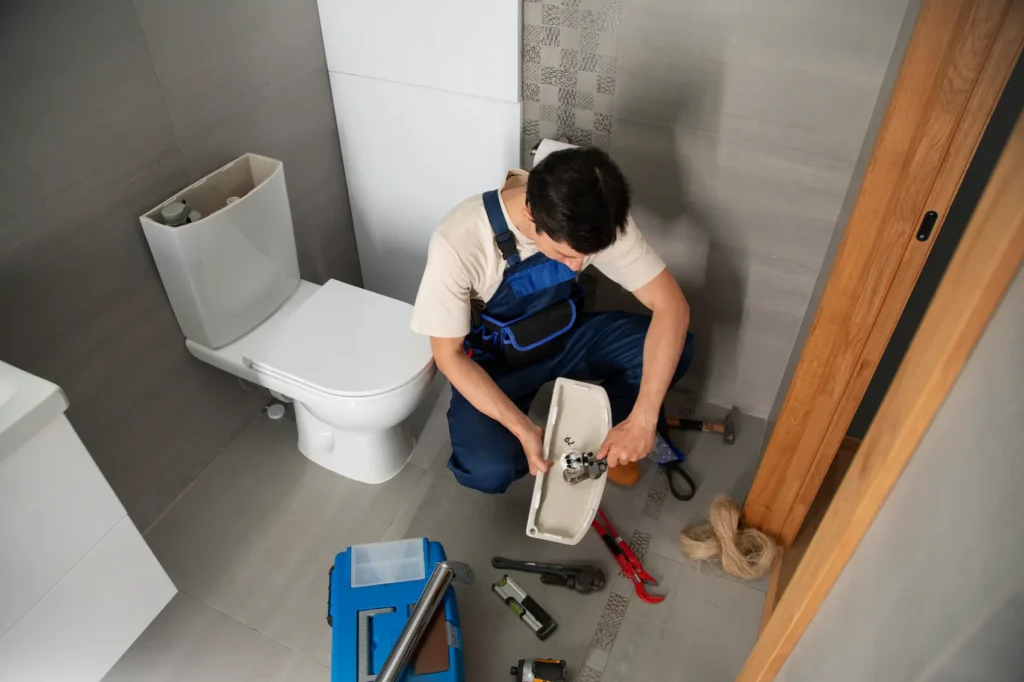 a man in overalls fixing a toilet making hissing sound